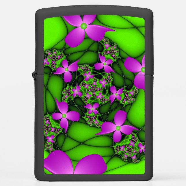 Modern Abstract Neon Pink Green Fractal Flowers Zippo Lighter (Front)