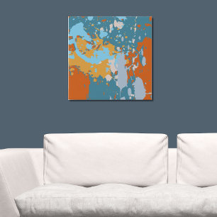 Modern Abstract Orange and Blue Paint Splatter Faux Canvas Print