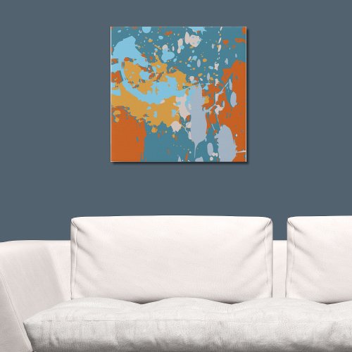 Modern Abstract Orange and Blue Paint Splatter Faux Canvas Print