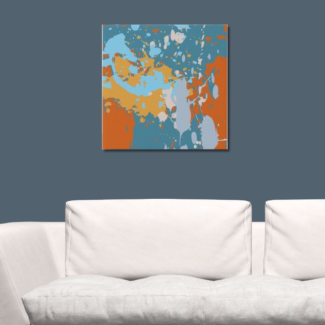 Modern Abstract Orange and Blue Paint Splatter Faux Canvas Print (Modern Abstract Orange and Blue Paint Splatter Faux Canvas Print, Livingroom)