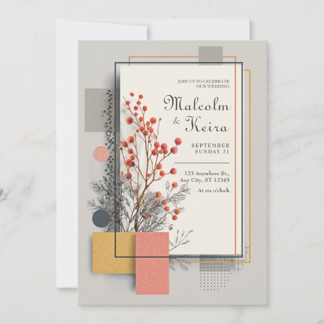 Modern Abstract Orange Berry Geometric Wedding Invitation (Front)