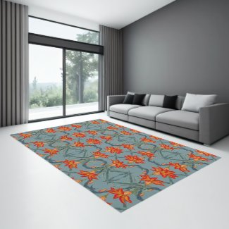 Modern Abstract Orange Lily Green Leaves Area 