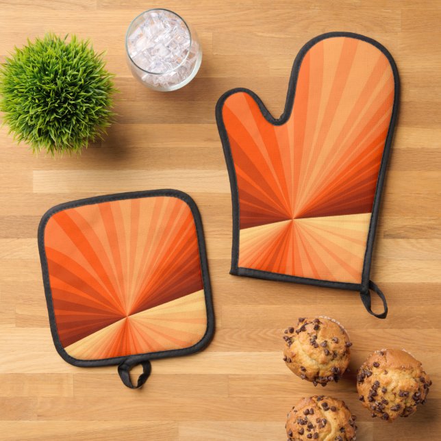 Modern Abstract Orange Red Vanilla Graphic Fractal Oven Mitt & Pot Holder Set (Top Down)