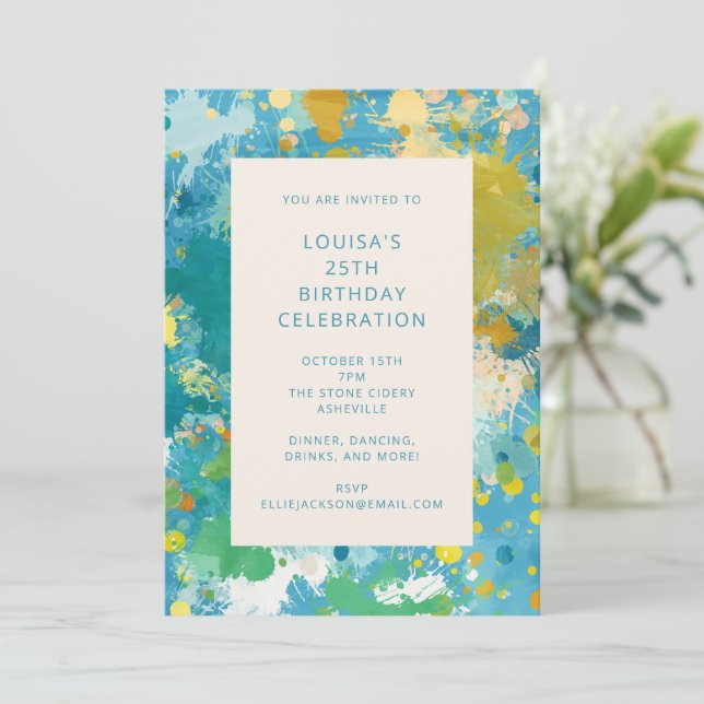 Modern Abstract Paint Art Cool Blue 25th Birthday  Invitation (Standing Front)
