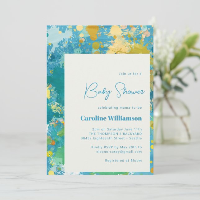Modern Abstract Paint Art Cool Blue Baby Shower  Invitation (Standing Front)