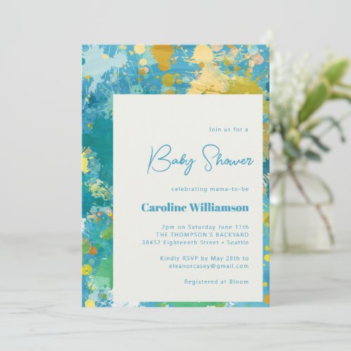 Modern Abstract Paint Art Cool Blue Baby Shower  Invitation
