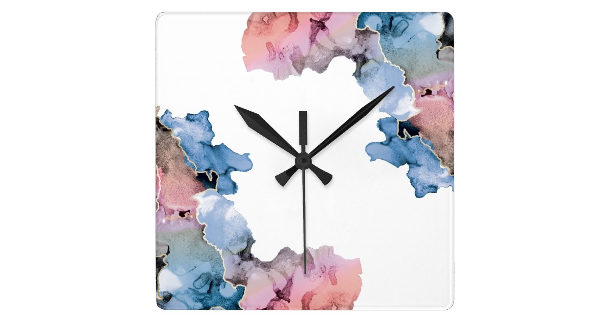 Modern Abstract Paint Splash Inks Blue Pink Square Wall Clock