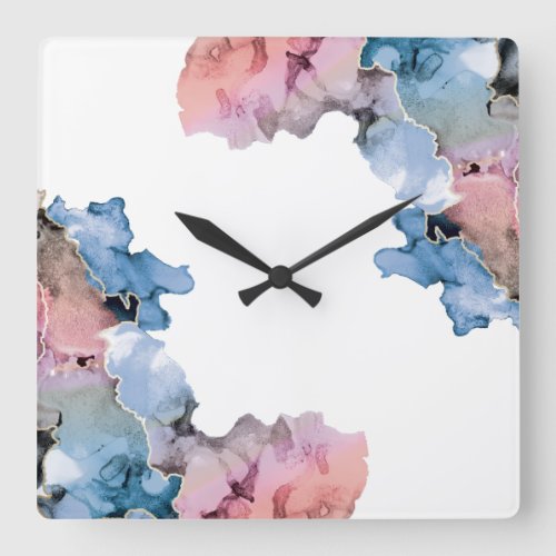 Modern Abstract Paint Splash Inks Blue Pink Square Wall Clock