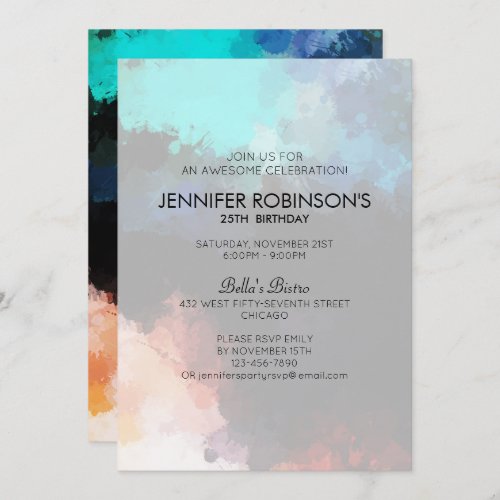 Modern Abstract Paint Splatters Birthday Party Invitation