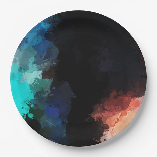 Modern Abstract Paint Splatters Black Orange Blue Paper Plates (Front)