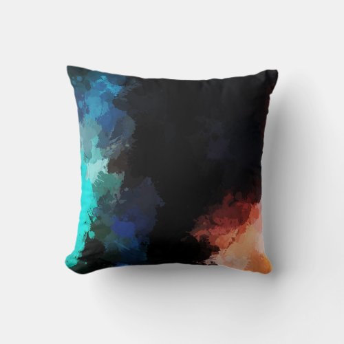 Modern Abstract Paint Splatters Black Orange Blue Throw Pillow