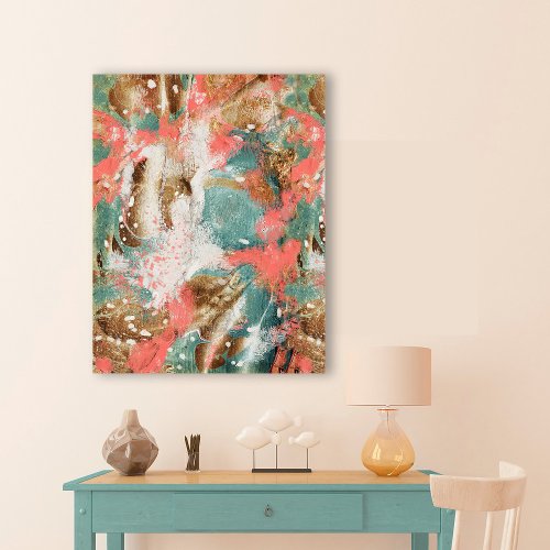 Modern Abstract Painting Coral Teal Gold Art Faux Canvas Print