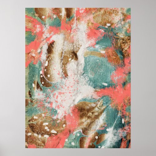 Modern Abstract Painting Coral Teal Gold White Art Poster