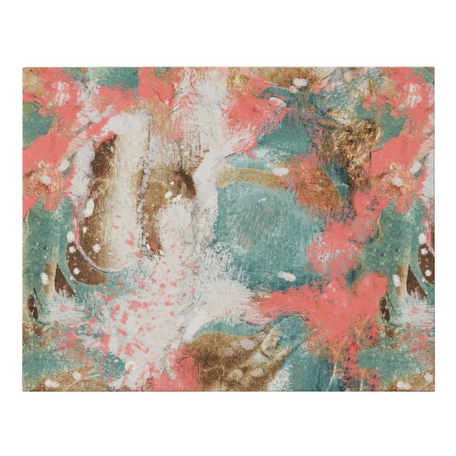 Modern Abstract Painting Coral Teal Gold White Faux Canvas Print (Front)