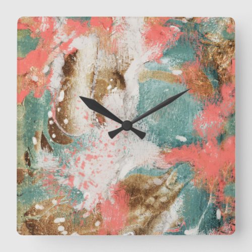 Modern Abstract Painting Coral Teal Gold White Square Wall Clock