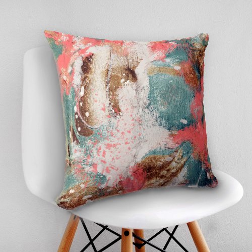Modern Abstract Painting Coral Teal Gold White Throw Pillow