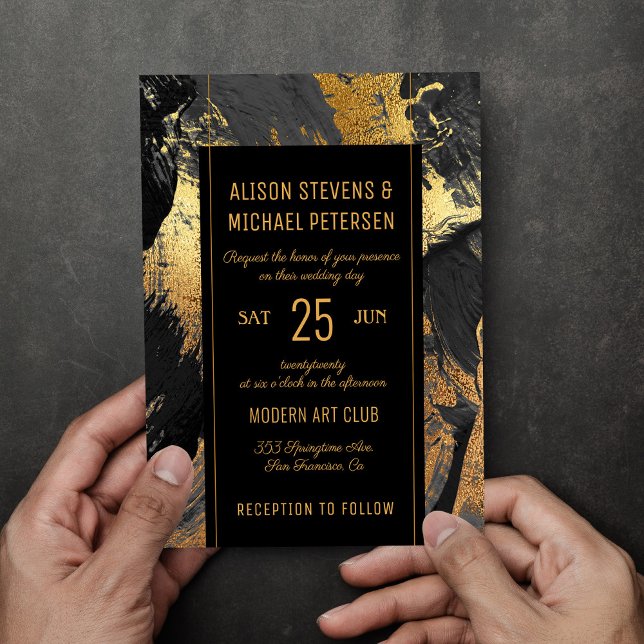 Modern abstract painting gold black glam wedding invitation (Creator Uploaded)