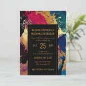 Modern abstract painting gold black red wedding invitation (Standing Front)