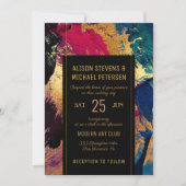 Modern abstract painting gold black red wedding invitation (Front)