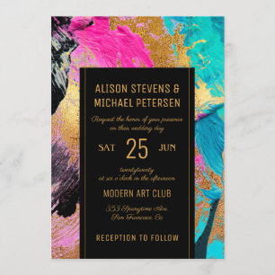 Modern abstract painting gold script dark wedding invitation