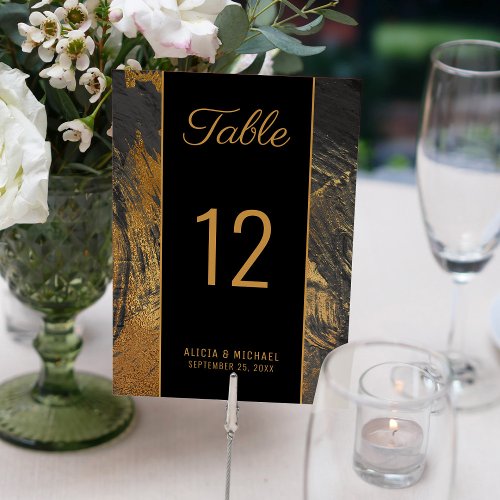 Modern abstract painting gold script dark wedding table number