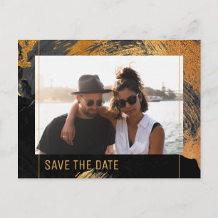 Modern abstract painting gold script photo wedding announcement postcard