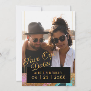 Modern abstract painting gold script photo wedding save the date