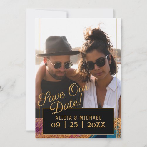 Modern abstract painting gold script photo wedding save the date