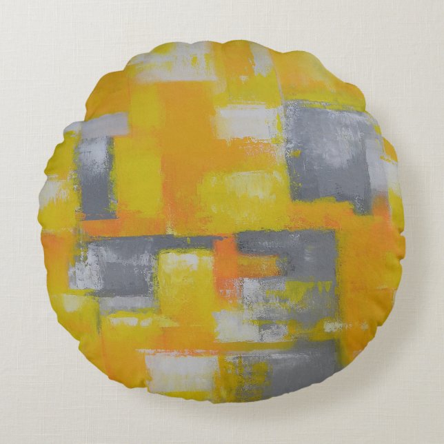 modern abstract painting grey yellow white round pillow (Front)