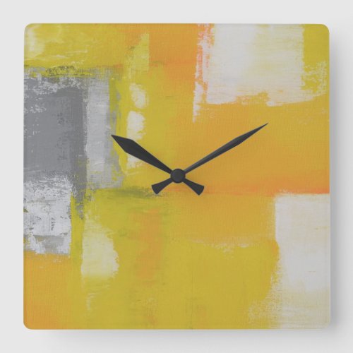 modern abstract painting grey yellow white square wall clock