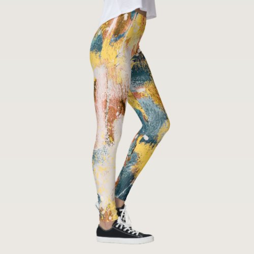 Modern Abstract Painting Yellow Teal Gold White Leggings