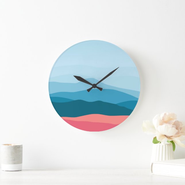 Modern Abstract Pastel Blue Pink Mountains Large Clock (Home)