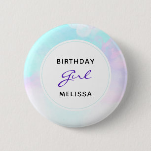 Modern Abstract Pastel Blue & Purple Birthday Girl Button