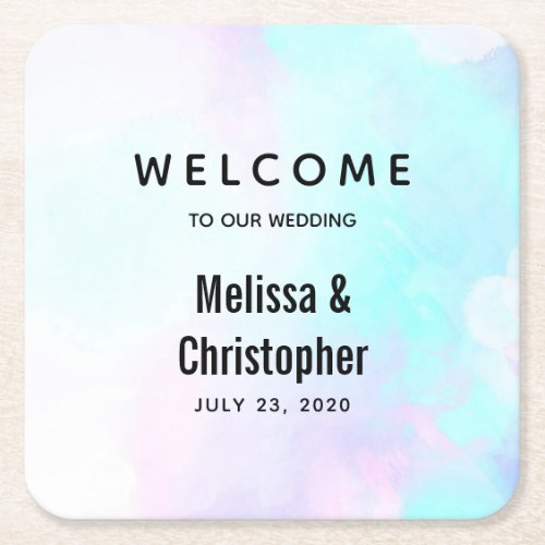 Modern Abstract Pastel Blue  Purple Watercolor Square Paper Coaster