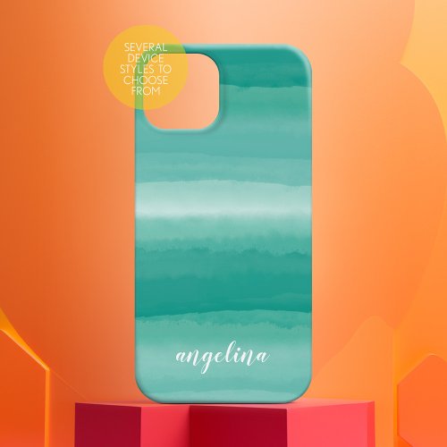 Modern Abstract Pastel Teal Watercolor Script Name Case_Mate iPhone 14 Case