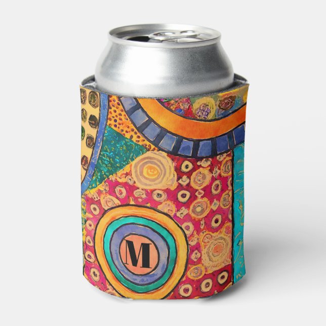 Modern Abstract Patchwork Pattern Monogram Can Cooler (Can Front)