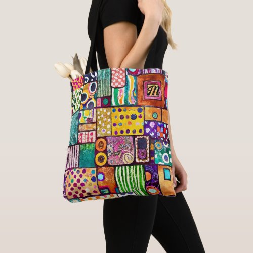 Modern Abstract Patchwork Pattern Monogram Tote Bag