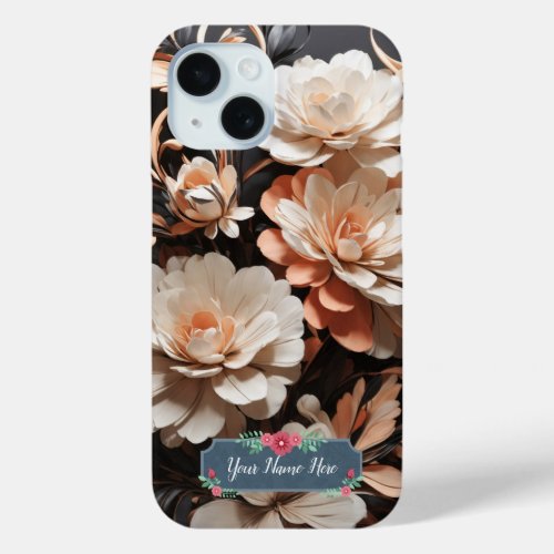 Modern Abstract Peach Flowers on Black Background iPhone 15 Case