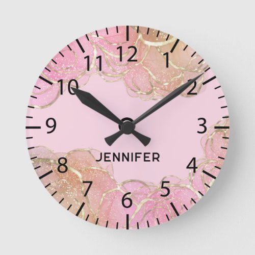 Modern Abstract Pink Agate Stone Geode Ink Name Round Clock
