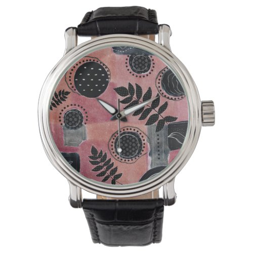 Modern Abstract Pink and Black Botanical Floral Watch