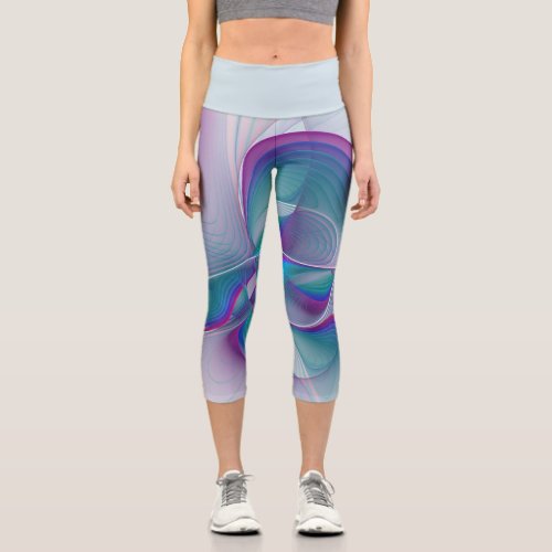 Modern Abstract Pink Blue Turquoise Fractal Art Capri Leggings