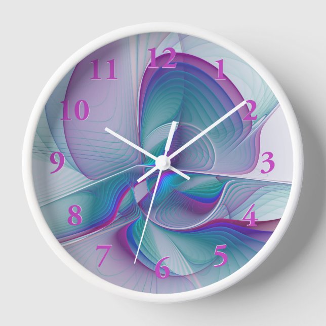 Modern Abstract Pink Blue Turquoise Fractal Art Clock (Front)
