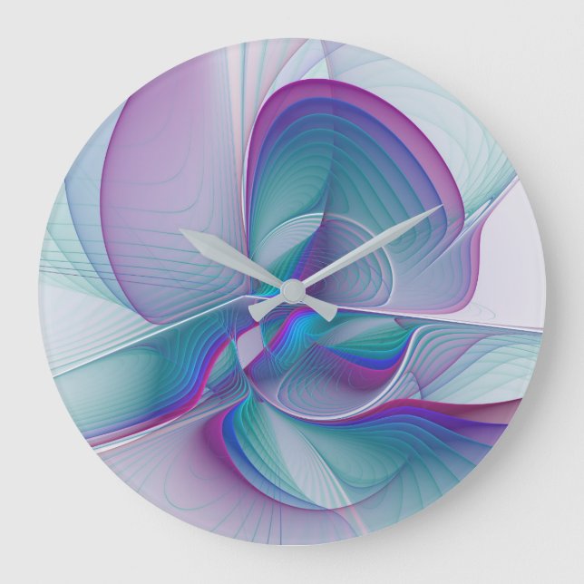 Modern Abstract Pink Blue Turquoise Fractal Art Large Clock (Front)