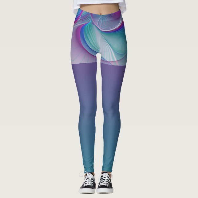 Modern Abstract Pink Blue Turquoise Fractal Art Leggings (Front)