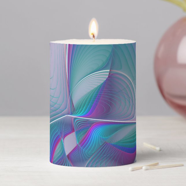 Modern Abstract Pink Blue Turquoise Fractal Art Pillar Candle (In Situ)