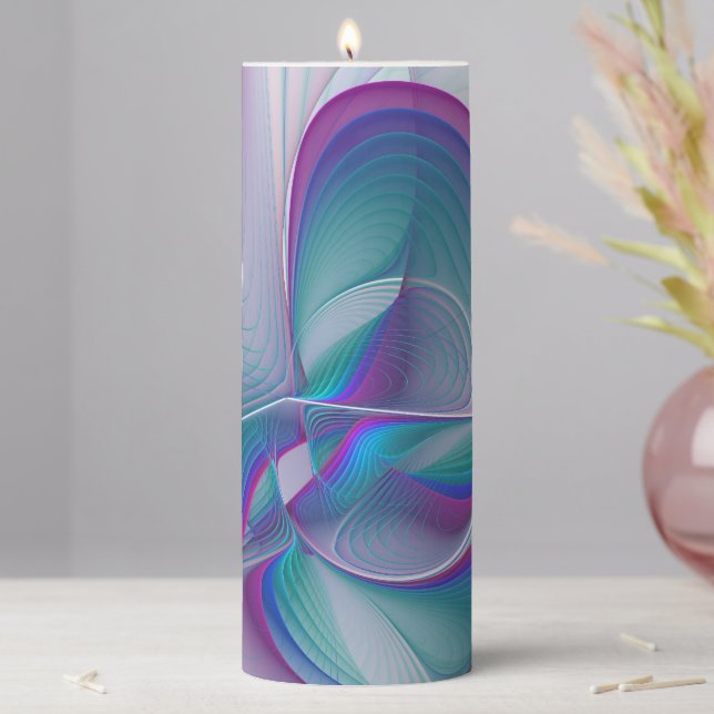 Modern Abstract Pink Blue Turquoise Fractal Art Pillar Candle (In Situ)