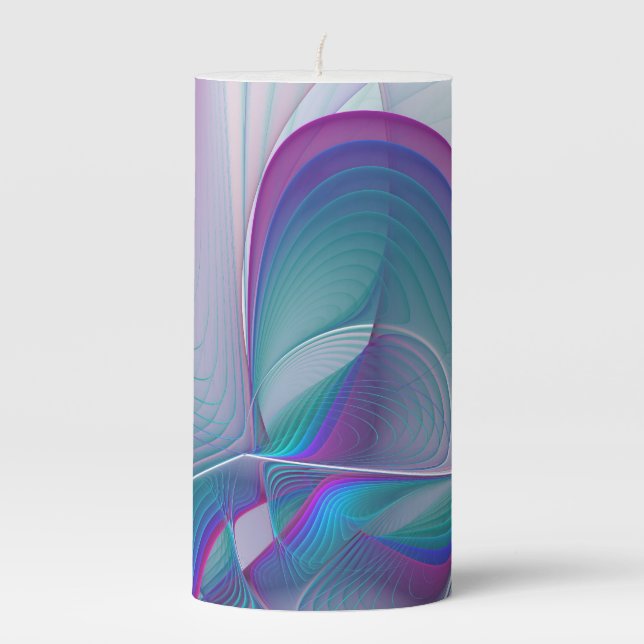 Modern Abstract Pink Blue Turquoise Fractal Art Pillar Candle (Front)