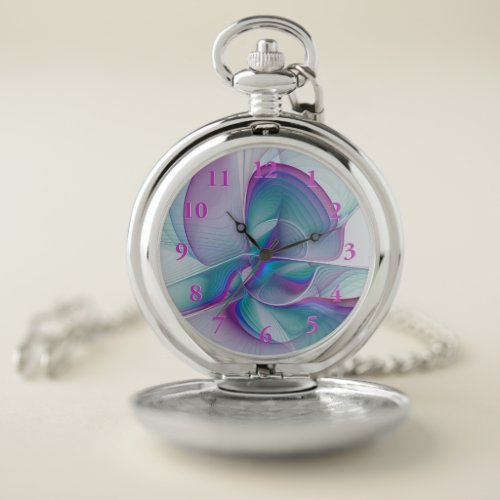 Modern Abstract Pink Blue Turquoise Fractal Art Pocket Watch