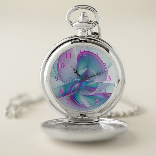 Modern Abstract Pink Blue Turquoise Fractal Art Pocket Watch (Inside)