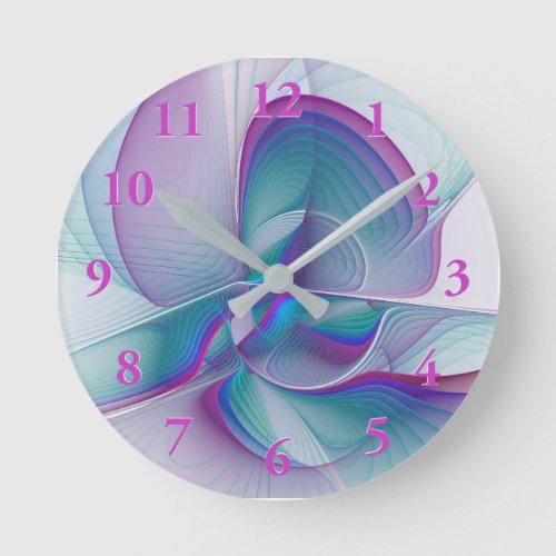 Modern Abstract Pink Blue Turquoise Fractal Art Round Clock